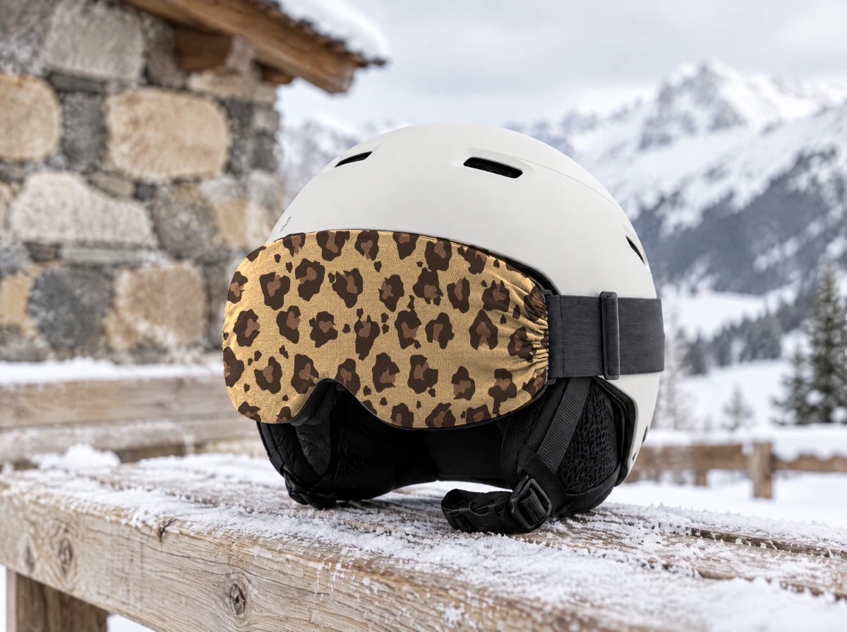 Skibrilhoes met Wild thing panterprint op een lichte skihelm, bij een besneeuwd chalet